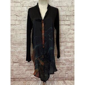BIYA Johnny Was Womens S Black 100% Silk Button Front Long Sleeve Duster Tunic